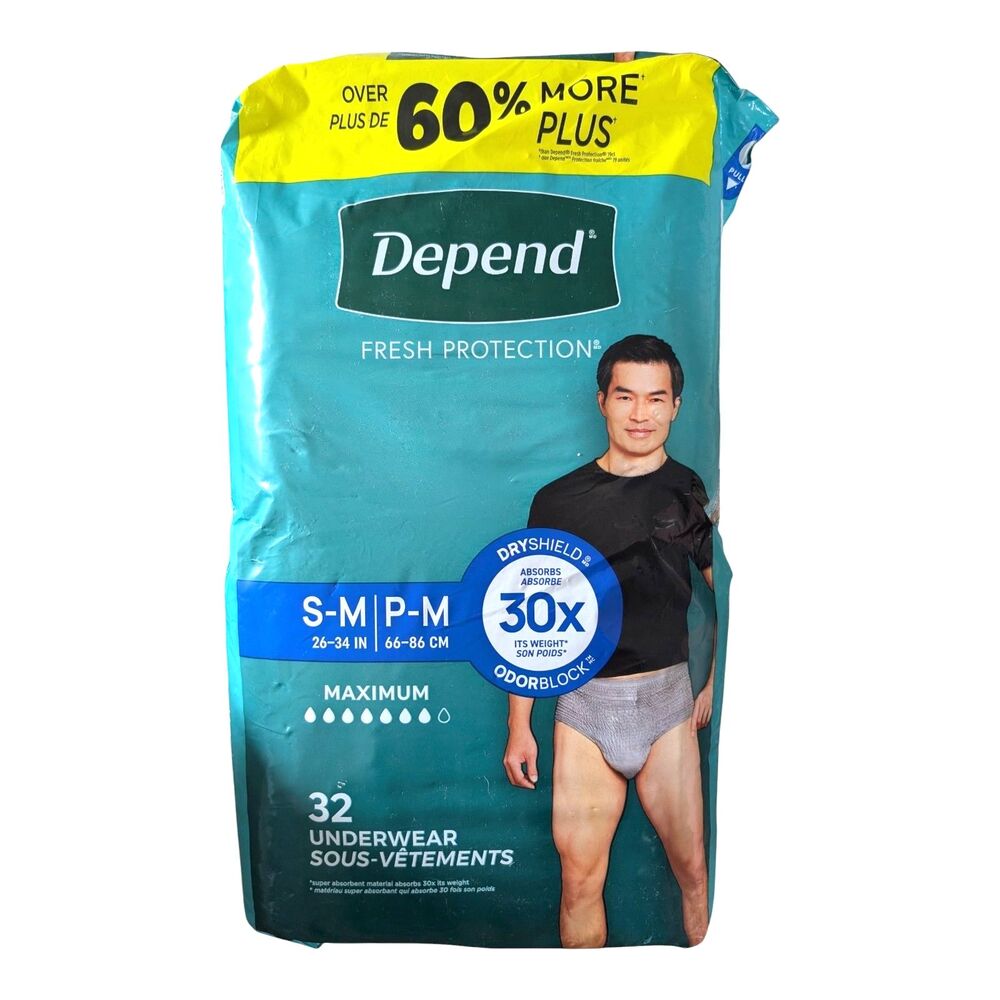 Depend Men's Incontinence Disposable Underwear Gray S-M (26-34") Max Absorb 32ct